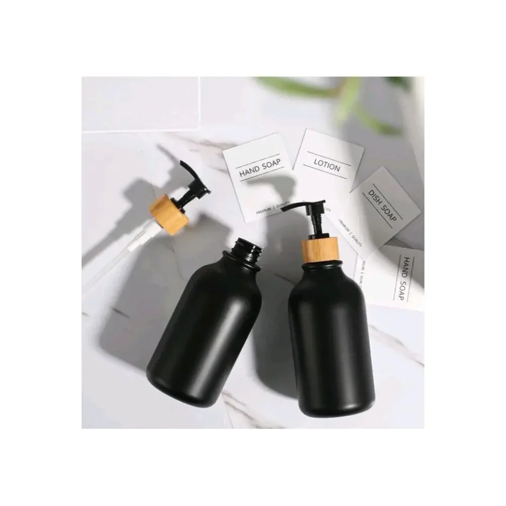 Emerson Essentials 2 Bottle Glass Set Bamboo Tray Black 16 Oz Soap Bottles New